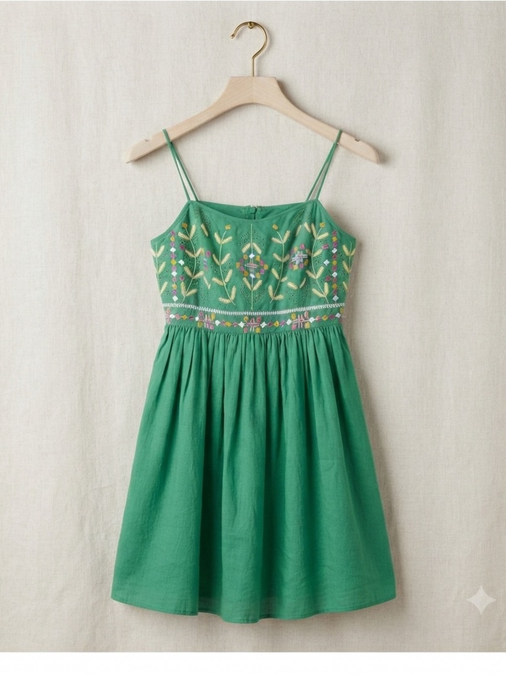 ba&sh Kika Green Dress with Colorful Embroidery. New without tags. Never worn!